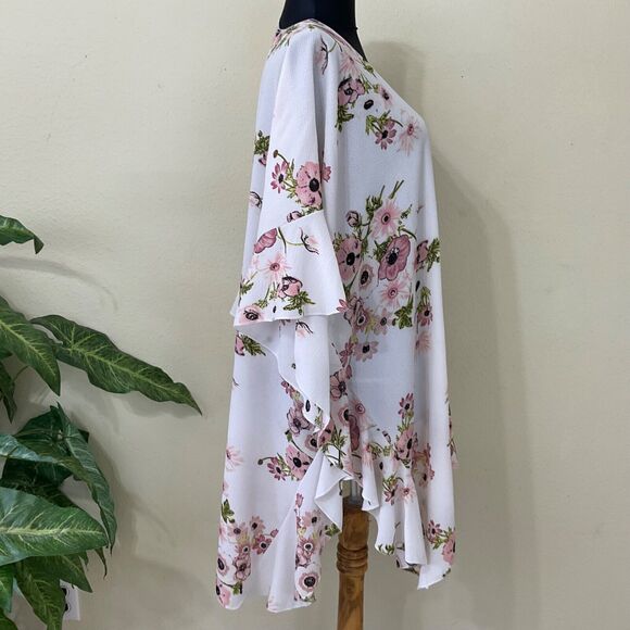 Jack & Missy Open Front Kimono OSFM Floral print ruffle hem trumpet sleeves - Picture 3 of 8